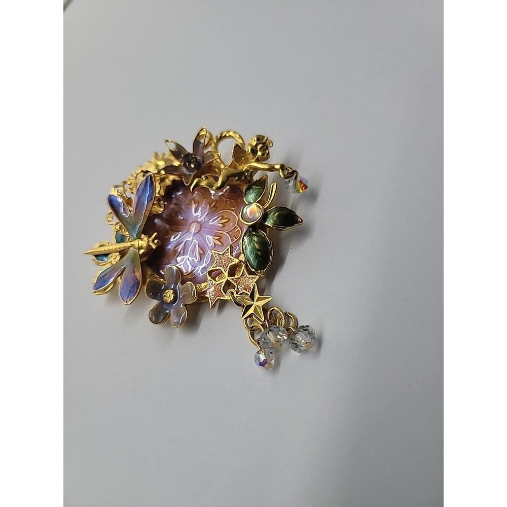 Vintage Kirks Folly Fairy Dragonfly Garden Brooch Iridescent Medallion Retired - Picture 15 of 16